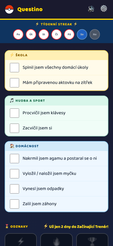 Denní checklist úkolů v Questino